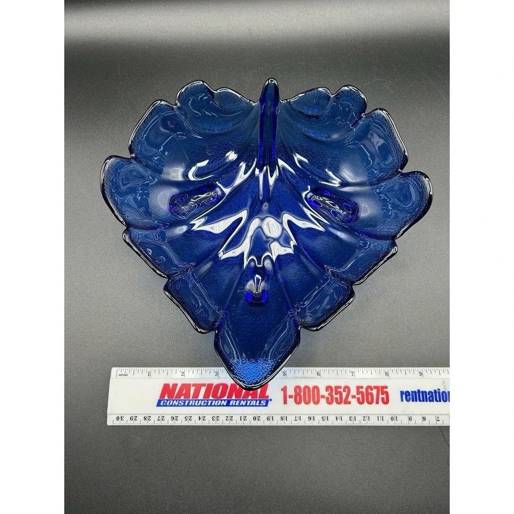 VTG Blue Art Glass Footed Leaf Bowl Dish Cobalt Blue Textured Raised Vein